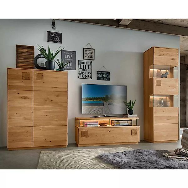 Moderne Wohnwand Wildeiche geölt 209 cm hoch (dreiteilig) günstig online kaufen