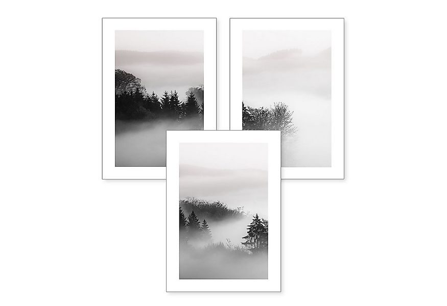 Kreative Feder Poster, Landschaft, Natur, Wald, Nebel, schwarz-weiß (Set, 3 günstig online kaufen