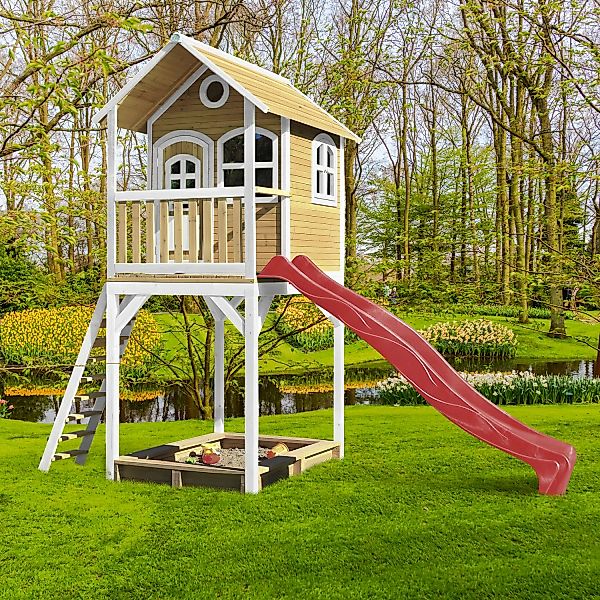 Axi Romy Spielhaus Braun - Weiß mit Roter Rutsche 191 x 420 x 320 cm günstig online kaufen