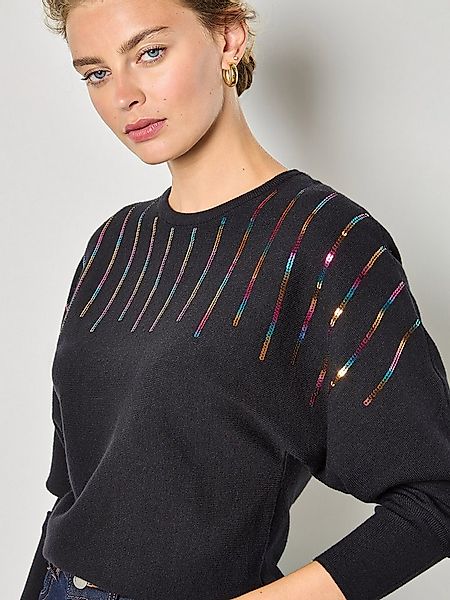 Apricot Rundhalspullover feiner Strickpullover mit Regenbogen-Pailletten günstig online kaufen