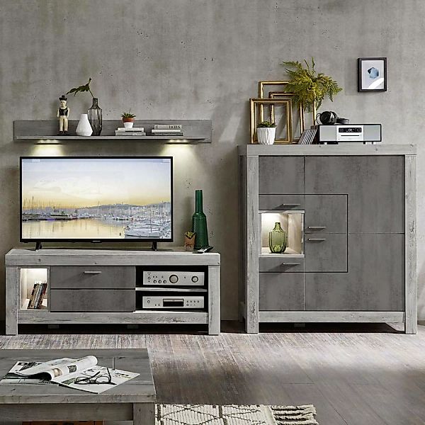 Wohnwand-Kombi mit TV-Lowboard GRONAU-55 in Betongrau und Haveleiche Nb. Bx günstig online kaufen