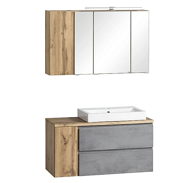 Held Möbel 2-tlg Waschtisch-Set Ancona 105 cm Betongrau-Wotaneiche Becken r günstig online kaufen