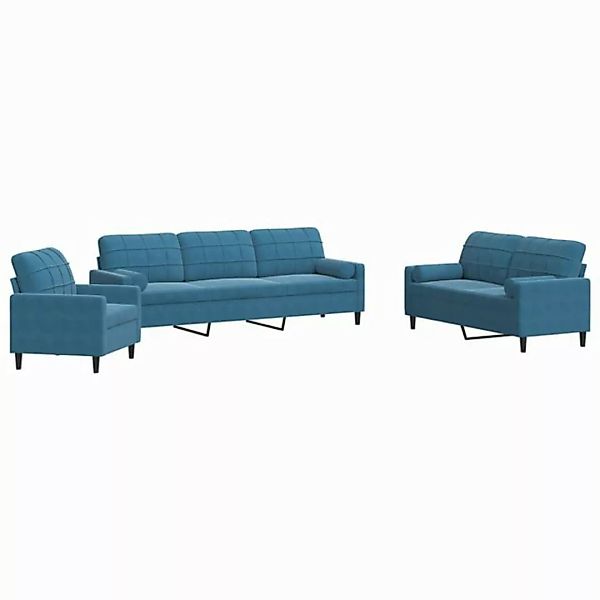 vidaXL Sofa 3-tlg. Sofagarnitur mit Kissen und Nackenrollen Blau Samt günstig online kaufen