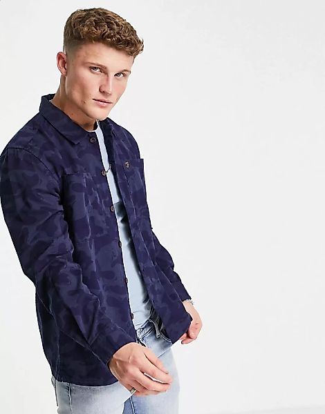 Farah – Joshua – Langärmlige Hemdjacke mit Military-Muster-Marineblau günstig online kaufen