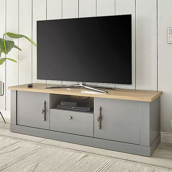 Graues TV Sideboard im Landhausstil ein offenes Gerätefach günstig online kaufen