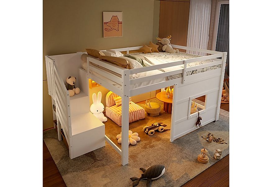 Flieks Hochbett Fenster-Form Kinderbett Holzbett 140x200cm mit LED und Stau günstig online kaufen