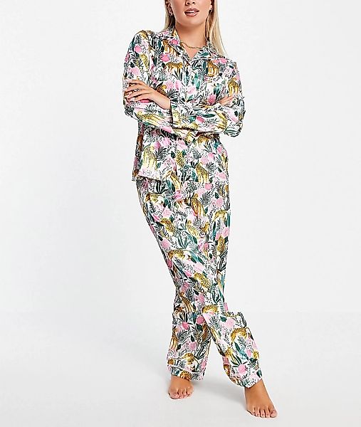 Night – Satin-Pyjama mit Rosenmuster und Leoparden-Motiven-Mehrfarbig günstig online kaufen