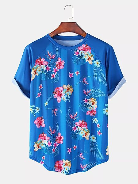 Mens Floral Stripes Print Lose atmungsaktive und dünne T-Shirts mit O-Aussc günstig online kaufen