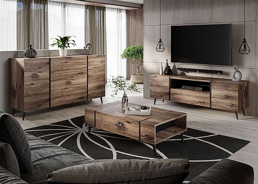 ALLHOUSE24 Wohnzimmer-Set Flagstaff Eiche LOFT Kommode günstig online kaufen
