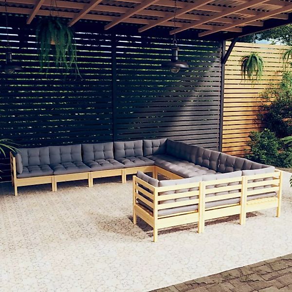 11-tlg. Garten-lounge-set Mit Grauen Kissen Kiefernholz günstig online kaufen