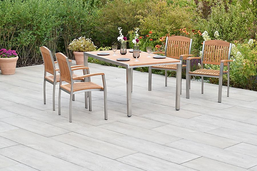 Merxx Keros Set 5-tlg. mit Gartentisch 150 x 90 cm Edelstahl/Akazie günstig online kaufen
