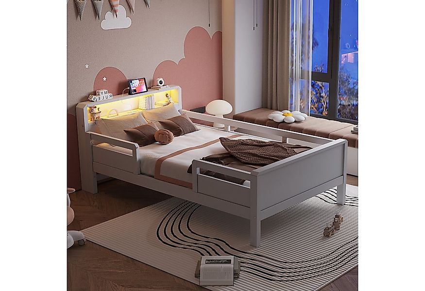 Flieks Kinderbett, Holzbett Einzelbett 90x200cm mit LED-Licht und Aufladen- günstig online kaufen