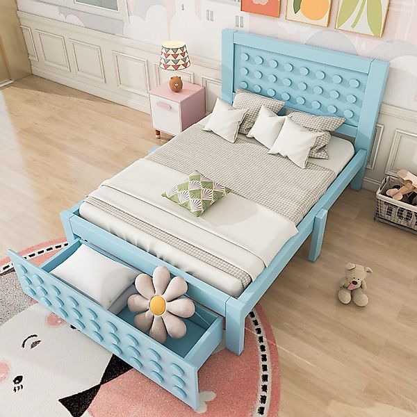Flieks Kinderbett, Holzbett Einzelbett 90x200cm Bausteine-Form günstig online kaufen