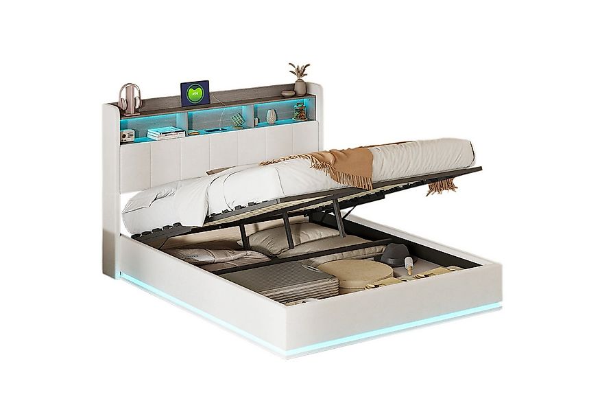 FUROKOY Stauraumbett Doppelbett Polsterbett (Stauraum Kopfteil mit Ladeansc günstig online kaufen