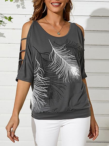 YOINS Grau Leder Print Cold Shoulder 3/4 Länge Ärmel T-Shirt günstig online kaufen