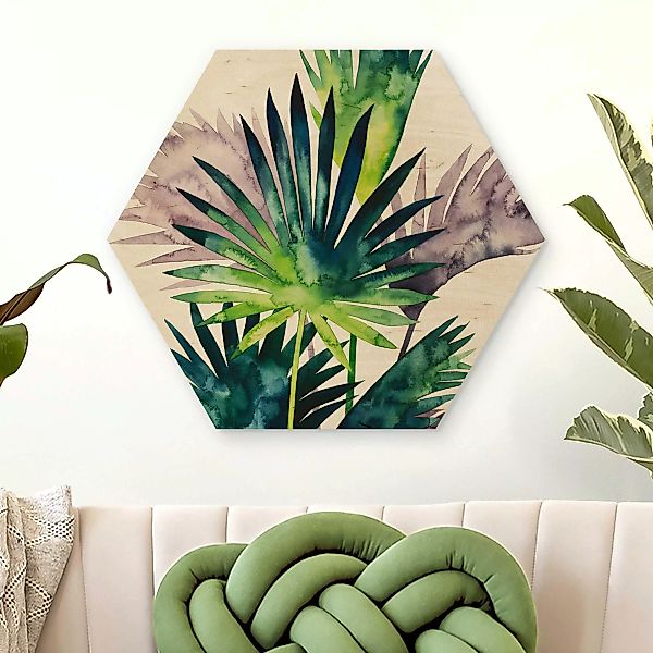 Hexagon-Holzbild Blumen Exotisches Blattwerk - Fächerpalme günstig online kaufen