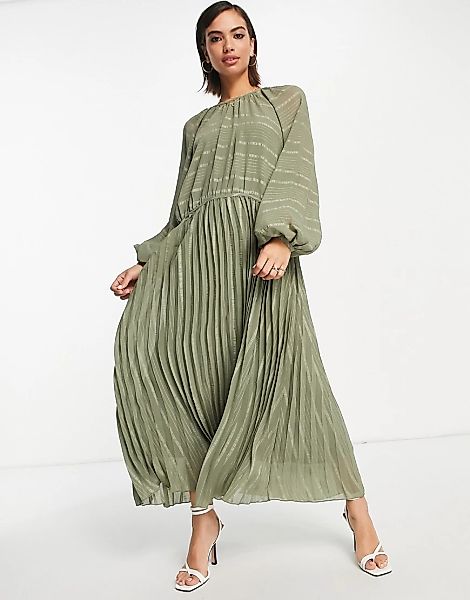 ASOS DESIGN – Maxi-Hängerkleid in Khaki mit tief angesetzter Taille, plissi günstig online kaufen