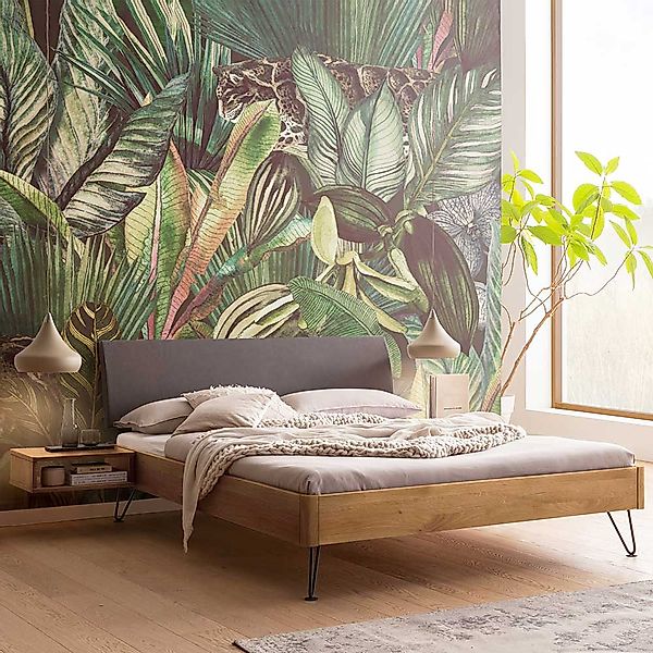 Wildeiche Bett 140x200 mit Polsterkopfteil Dunkelgrau 217 cm tief günstig online kaufen