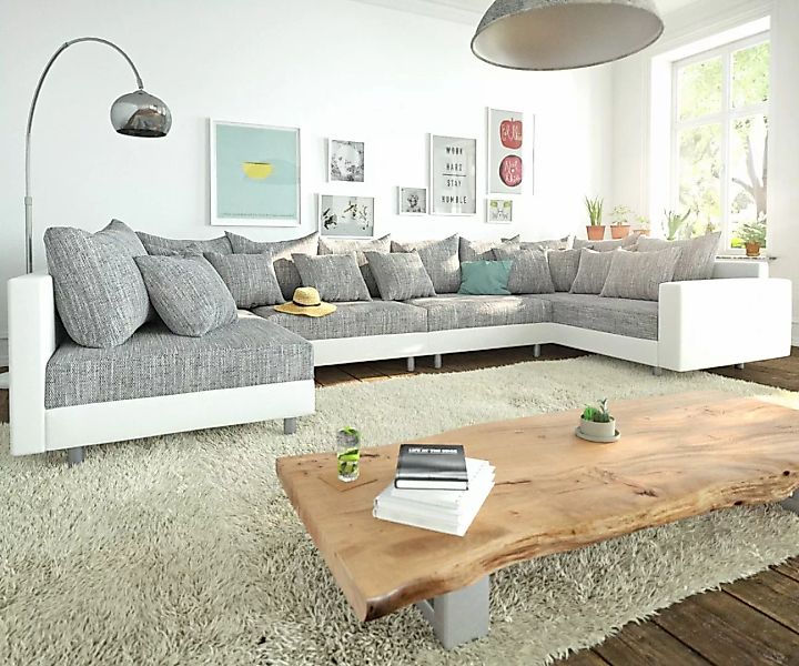 Wohnlandschaft Clovis XL Weiss Hellgrau Modulsofa Armlehne günstig online kaufen