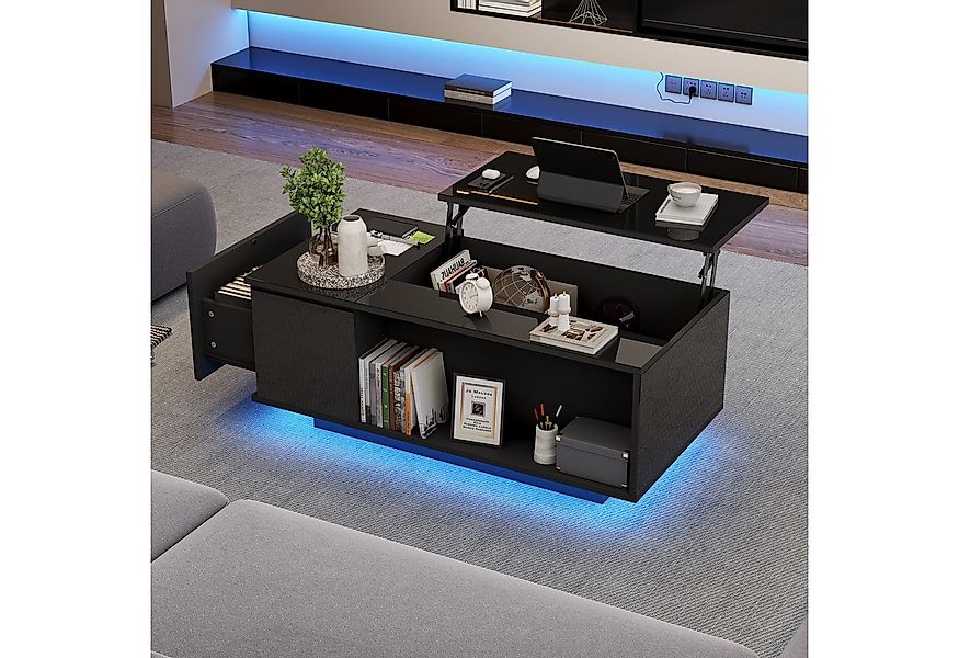 Merax Couchtisch hochglanz höhenverstellbarer Wohnzimmertisch mit LED-Beleu günstig online kaufen