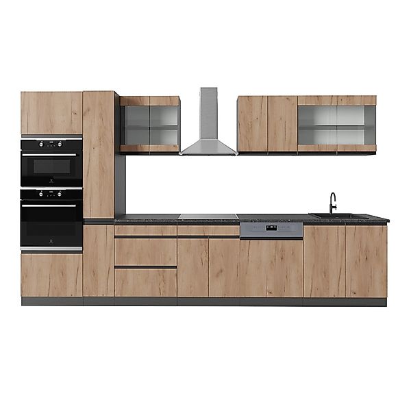 Vicco R-Line Küchenzeile Goldkraft Eiche/Anthrazit 350 cm J-Shapemit Hochsc günstig online kaufen