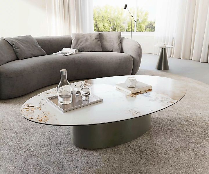 Couchtisch Casilda 150x90 cm Keramik Minas Melange Weiß-Beige Mittelfuß Eff günstig online kaufen