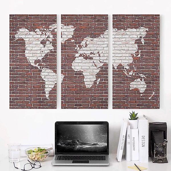 3-teiliges Leinwandbild Weltkarte - Querformat Backstein Weltkarte günstig online kaufen