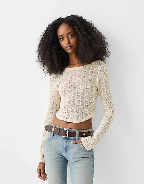 Bershka Rustikaler Cropped-Pullover Damen L Rohweiß günstig online kaufen