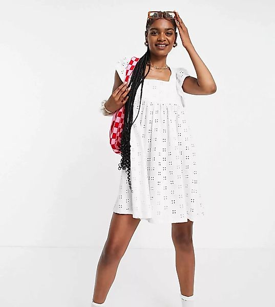 ASOS DESIGN Tall – Minikleid mit Lochstickerei im Babydoll-Stil mit eckigem günstig online kaufen