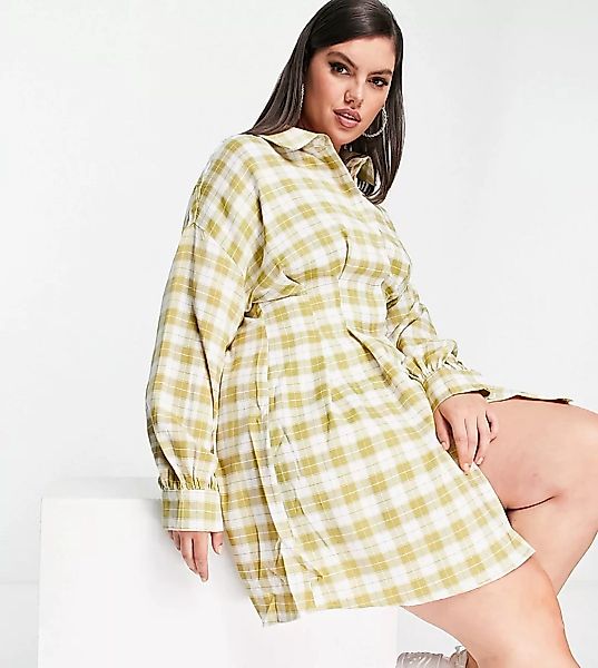 Missguided Plus – Hemdkleid in Grün kariert mit plissierter Taille günstig online kaufen