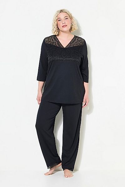 Ulla Popken Pyjama Pyjama Spitzeneinsatz V-Ausschnitt 3/4-Arm günstig online kaufen