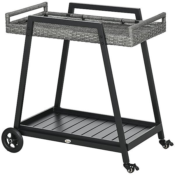 Outsunny Rattan Servierwagen Trolley mit Ablage, Gartenrollwagen aus Stahl, günstig online kaufen