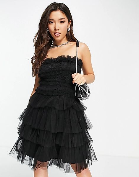 Lace & Beads – Gestuftes Minikleid in Schwarz günstig online kaufen