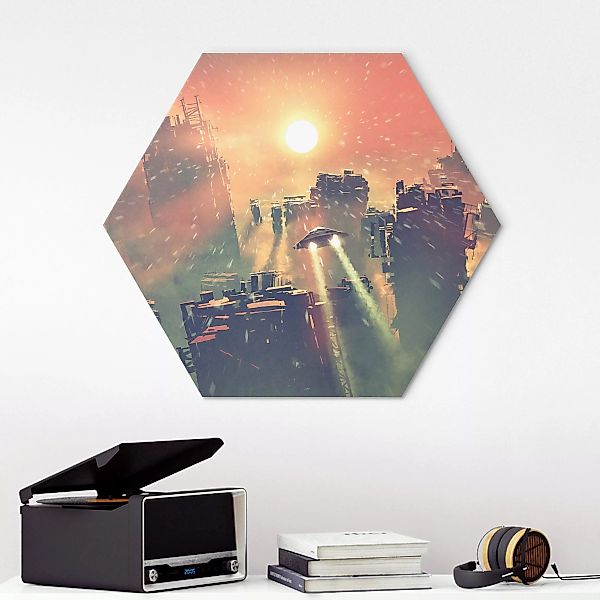 Hexagon-Alu-Dibond Bild Sci-Fi Raumschiffe im Sonnenaufgang günstig online kaufen