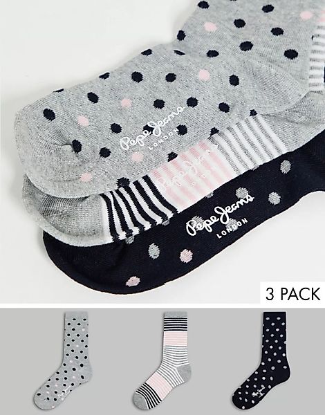 Pepe Jeans – Evelyn – 3er-Pack Socken mit Streifen und Punkten in Schwarz, günstig online kaufen