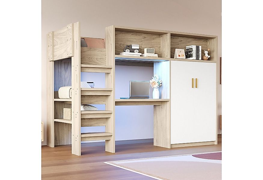 Flieks Hochbett viel Stauraum Kinderbett 90×200cm Kleiderschrank Schreibtis günstig online kaufen