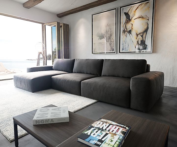 Ecksofa Lanzo XL 380x180 cm Lederimitat Vintage Anthrazit Recamiere variabe günstig online kaufen