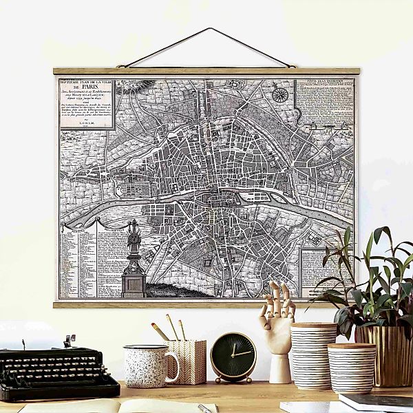 Stoffbild mit Posterleisten Vintage Stadtplan Paris um 1600 günstig online kaufen