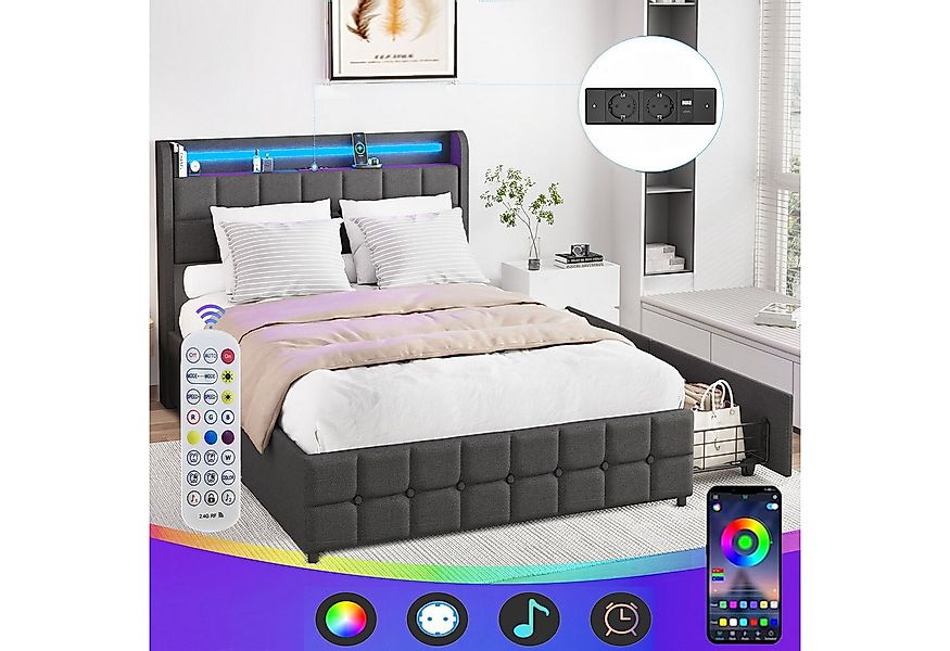 oyajia Polsterbett LED Doppelbett 140x200cm mit Ladefunktion und 2 Schublad günstig online kaufen