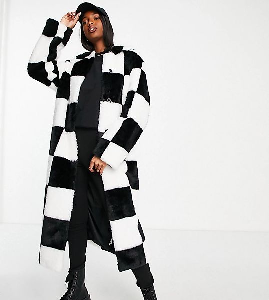 ASOS DESIGN Tall – Oversize-Mantel aus Kunstpelz in Schwarz und Weiß-Mehrfa günstig online kaufen