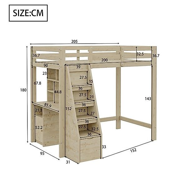 HAUSS SPOLE Hochbett 90x200 cm, Arbeitstisch mit Regalen und Schränken, mit günstig online kaufen