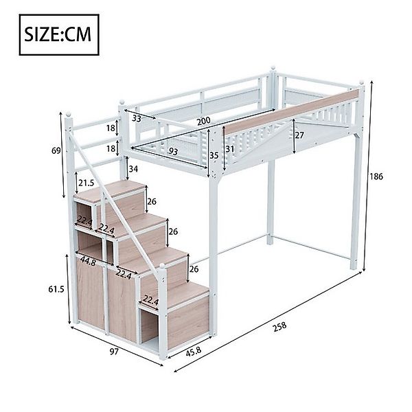 Flieks Hochbett Metallbett Kinderbett 90x200cm mit Stauraumtreppe und Siche günstig online kaufen