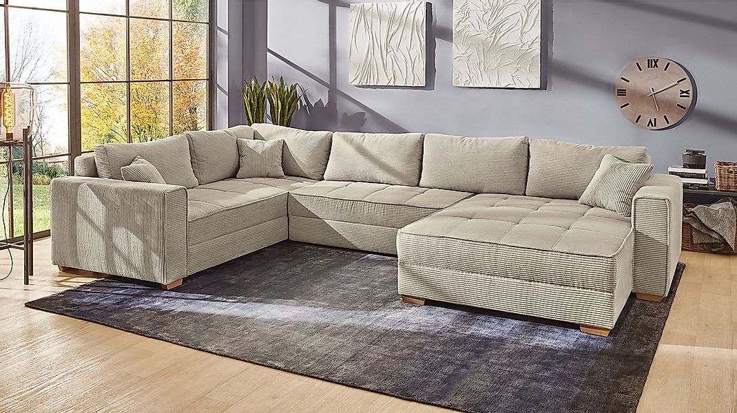 Massivart® Wohnlandschaft ALBA Cord beige, 379 cm, Cordsofa, Bettfunktion / günstig online kaufen
