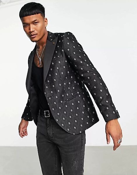Twisted Tailor – Jacquard-Anzugjacke in Schwarz und Weiß mit Satin-Revers günstig online kaufen