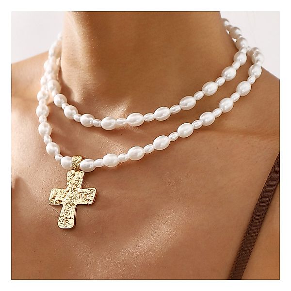 KARMA Perlenketten-Set Kreuz Weiß Gold modern günstig online kaufen