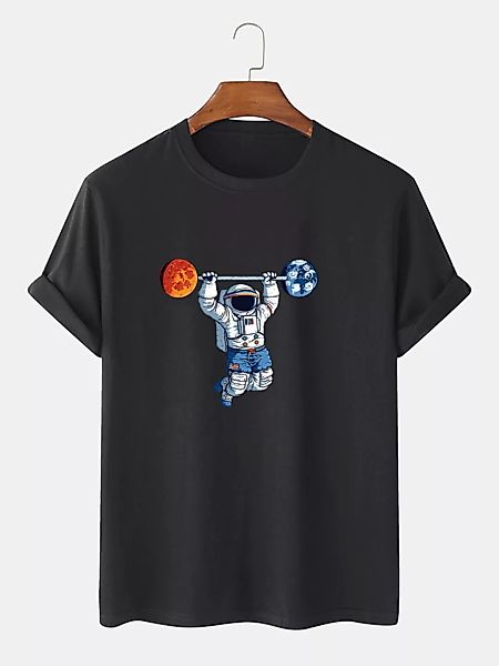 Herren 100% Baumwolle Cartoon Astronaut Print Lose dünne Rundhals-T-Shirt günstig online kaufen