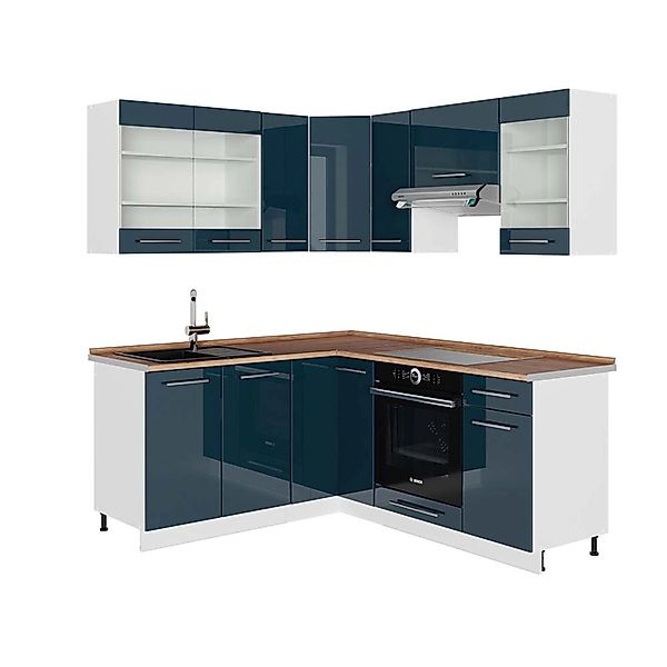Vicco Fame-Line Küchenzeile Dunkelblau Hochglanz/Weiß 160.5 x 190 cm AP Eic günstig online kaufen