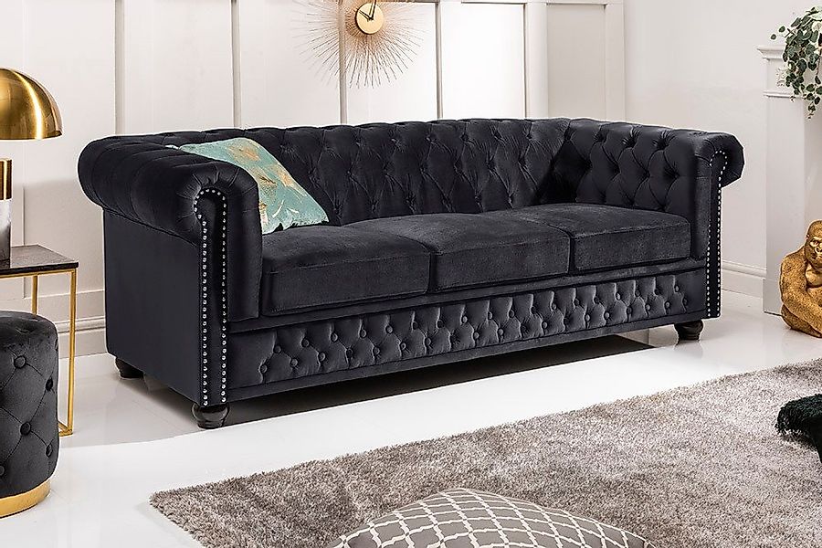 riess-ambiente Sofa CHESTERFIELD 205cm schwarz - Samt, Federkern, Knopfheft günstig online kaufen