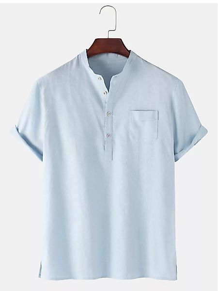 Herren Solid Color Flachs Stehkragen Kurzarm Henley Shirts mit Tasche günstig online kaufen