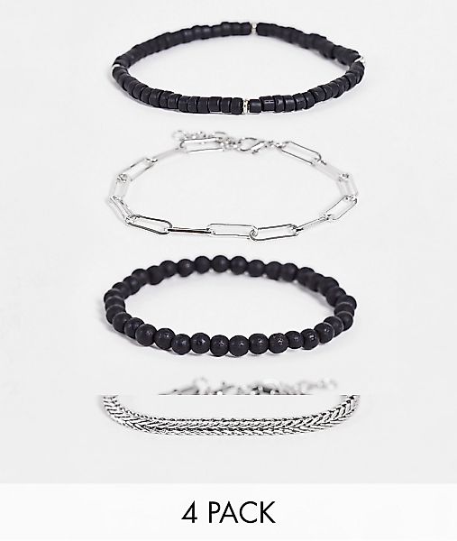 ASOS DESIGN – 4er-Pack Armbänder im Perlen- und Kettendesign in Schwarz und günstig online kaufen